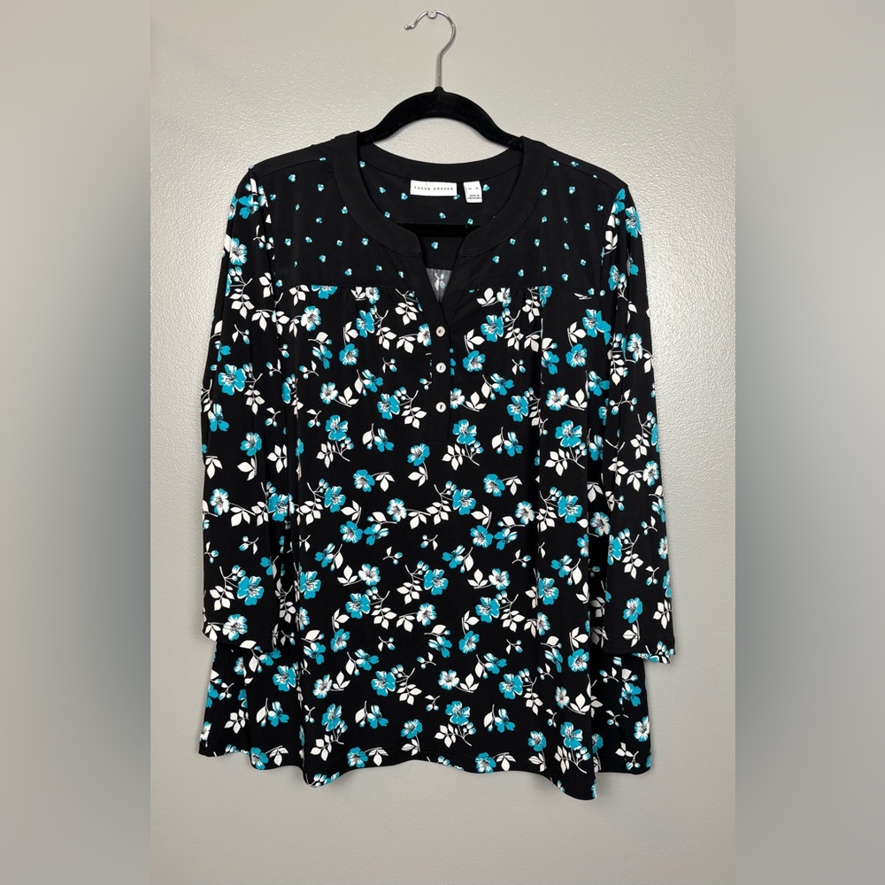 Susan Graver Black Floral Tunic with Teal & White Flowers